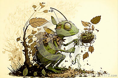 Grasshopper liltle monster eating and destroying leaves, creative digital illustration painting Cartoon Illustration