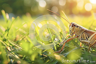 Grasshopper sitting on the grass, locust and insect Cartoon Illustration