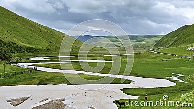 a grassland with a wriggle stream Stock Photo