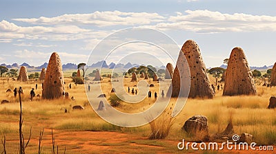 Grasslands, punctuated by termite mounds Stock Photo