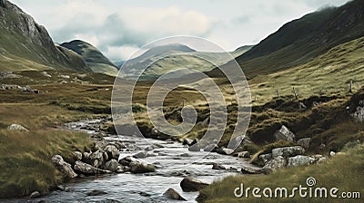 Dystopian Landscapes: A National Geographic Photo Of A Serene River In The Scottish Mountains Stock Photo