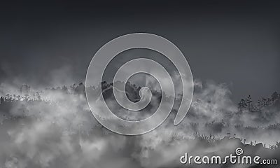 Grassy field with hills, rocks, boulders inside the mist clouds. Vector haze landscape llustration. Vector Illustration