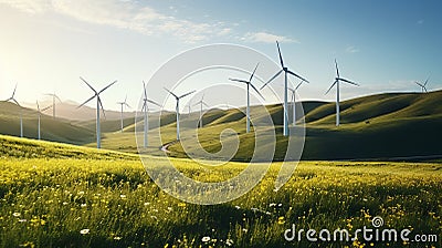 Grassy Field With Windmills And Flowers: A Futuristic Precisionist Landscape Stock Photo
