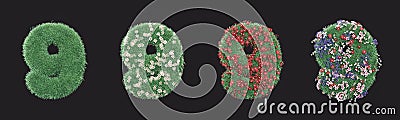 A grassy number nine on which colorful flowers grow. Isolated eco number 9 with four stages on dark background, 3d Renderding Stock Photo