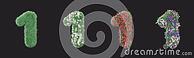 A grassy number 1 on which colorful flowers grow. Isolated eco number One with four stages on dark background, 3d Renderding Stock Photo