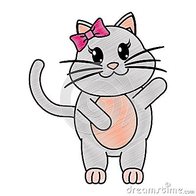 Grated adorable female cat animal with hand up Vector Illustration