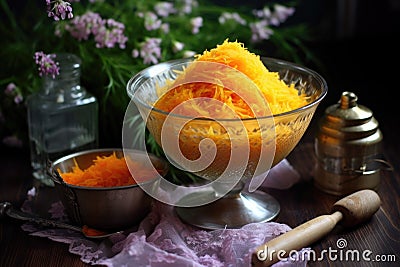 grated carrots in a glass bowl next to a whisk Stock Photo