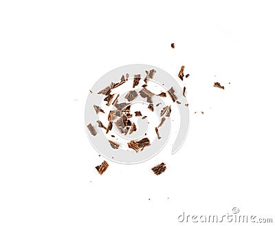 Grated Chocolate Pile Isolated, Crushed Shavings, Crumbs, Flakes, Cocoa Sprinkles Stock Photo