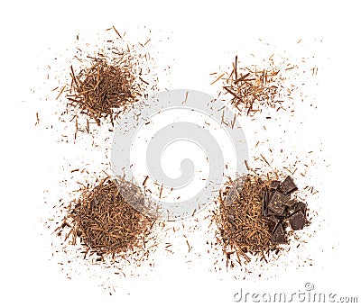 Grated Chocolate Pile Isolated, Crushed Shavings, Crumbs, Flakes, Cocoa Sprinkles Stock Photo