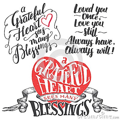 Grateful heart hand lettering set Vector Illustration