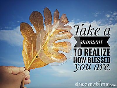 Grateful inspirational quote - Take a moment to realize how blessed you are. With person holding oak leaf in hand on blue sky. Stock Photo