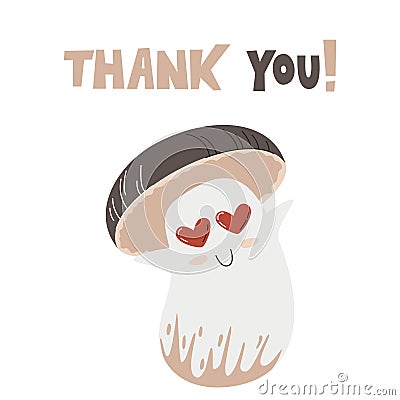 Grateful mush character with lettering thank you Vector Illustration