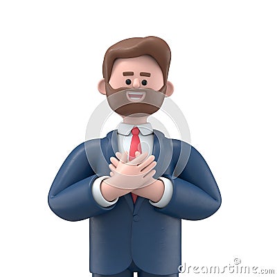 Grateful people smiling with hands on chest.3D illustration of man with charming sincere smile feeling thankful, Cartoon Illustration