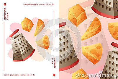 A grater with fresh cheese poster template. Kitchen utensil, home made dish, cheese time concept Stock Photo