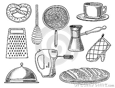 Grater and whisk, frying pan, Turk for coffee, cup of tea, mixer and baked loaf. Chef and kitchen utensils, cooking Vector Illustration