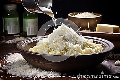 grating parmesan cheese over a bowl of risotto Stock Photo