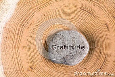 Gratitude in stone on tree Stock Photo