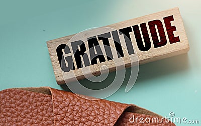 Gratitude word on wooden block and leather wallet. Donation charity foundation fundraising business concept Stock Photo