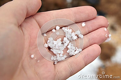 Graupel, snow pellets or soft hail in hand on blurred background. Form of precipitation Stock Photo