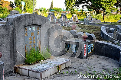 Grave of Chinese married couple together with ornate tombstone at cemetery graveyard Ipoh Malaysia Editorial Stock Photo