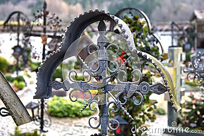 A grave cross in the cemetery in GrÃ¼nau im Almtal Stock Photo