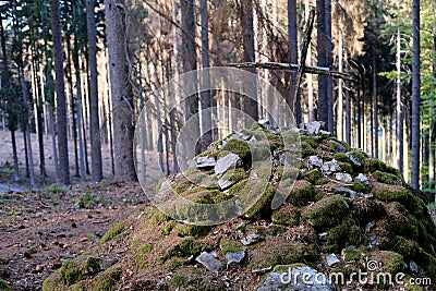 Grave mound made of stones covered with green moss, wooden cross at top, an unknown old grave for pilot who died in Taunus Stock Photo