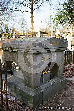 Grave of Sarah Bernhardt at Pere Lachaise cemetery Paris Editorial Stock Photo