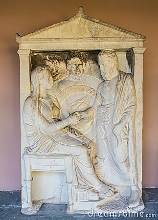 Grave stele for Agathon and Sosycrates in Kerameikos archaeological museum in Athens Greece Editorial Stock Photo