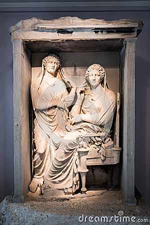 Grave stele of Demetria and Pamphile in Kerameikos archaeological museum in Athens Greece Editorial Stock Photo