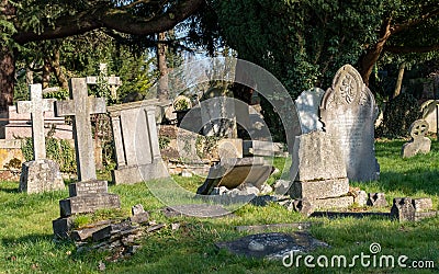 Tombstones in Paines Lane Cemetery, with graves dating from Victorian times, located on Paines Lane in Pinner, Middlesex, UK. Stock Photo