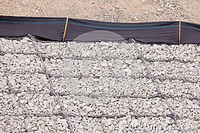 Gravel wire mesh bank revetment erosion control Stock Photo