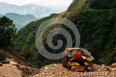 The graves of the dead people participants descent at The Worlds Most Dangerous Death road in Bolivia Stock Photo