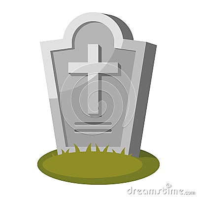 Gravestone with cross on green grass. Old tombstone in cemetery. Memorial stone. Vector Illustration
