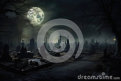 Gravestones in the cemetery at night with moon. Halloween concept, An ominous, haunting graveyard under the full Stock Photo