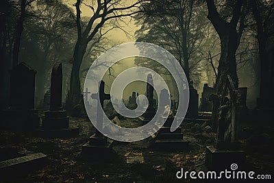 Gravestones in a misty graveyard. Halloween, horror Stock Photo