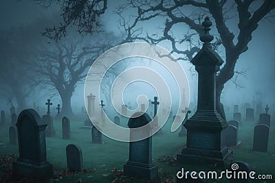 graveyard with misty fog, creating ethereal and spooky atmosphere Stock Photo