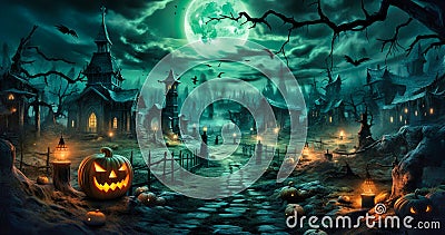 Graveyard pumpkins under a haunting night sky - Halloween setting. Stock Photo