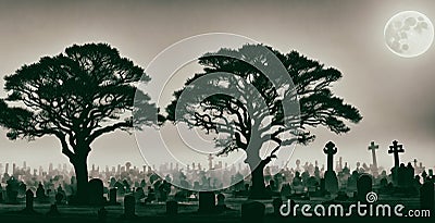 A graveyard shrouded in mist, with weathered tombstones standing sentinel amidst gnarled trees towards the moon. Stock Photo