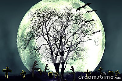 graveyard silhouette halloween Abstract Background. Zombie Rising Out Of A Graveyard cemetery In Spooky scary dark Night. Stock Photo