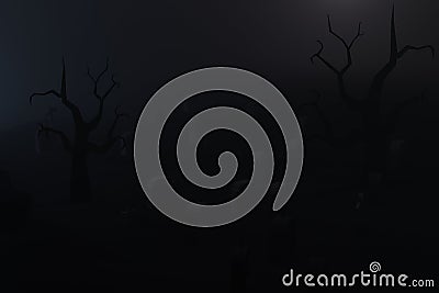 Graveyard with tombstones cemetery In Spooky dark Night in mystic fog. Holiday event Happy Halloween background concept. Stock Photo