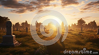 Eerily Realistic Sunrise In An Old Graveyard: Immersive Octane Render Stock Photo