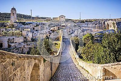 Gravina in Puglia, with the Roman two-level bridge that extends over the canyon. Apulia, Italy Stock Photo
