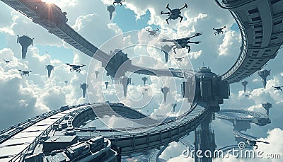Gravity-defying bridge in a metaverse world, where paths bend and twist through a sky filled with floating data clusters and AI- Stock Photo