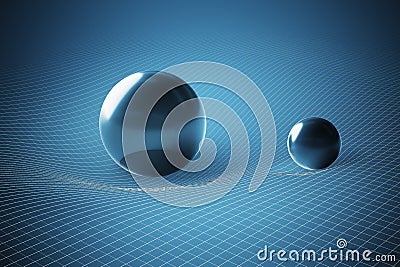 Gravity and general theory of relativity concept. Curved spacetime caused by massive spheres. 3D rendered illustration Cartoon Illustration