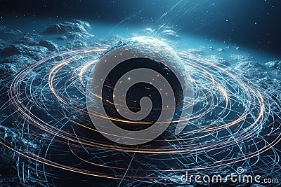 Gravity planet earth, gravitational waves concept. Physical and technology background. Design with gravity grid and Stock Photo