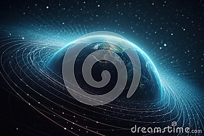 Gravity planet earth, gravitational waves concept. Physical and technology background. Design with gravity grid and Stock Photo