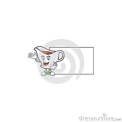 Gravy boat cartoon character with mascot with board. Vector Illustration