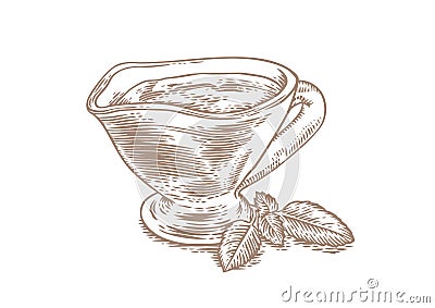 Gravy boat with red tomato sauce and green basil leaves Vector Illustration