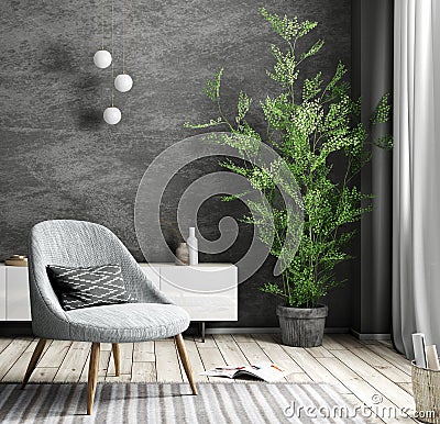 Gray armchair over black wall, interior of modern living room, home design 3d rendering Stock Photo
