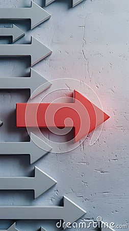 Gray arrows point uniformly, distinct red arrow opposes direction, creating contrast Stock Photo
